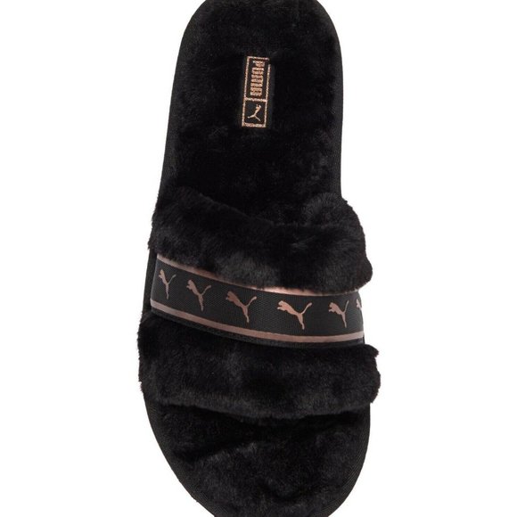 PUMA FLUFF REMIX FUR COMFORT GEL SLIDES SANDALS BLACK ROSE GOLD Size 8 - Picture 4 of 4